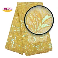

2019 high quality hot wholesale african nigerian french yellow full embroidery net big sequence sequin lace fabric with sequins