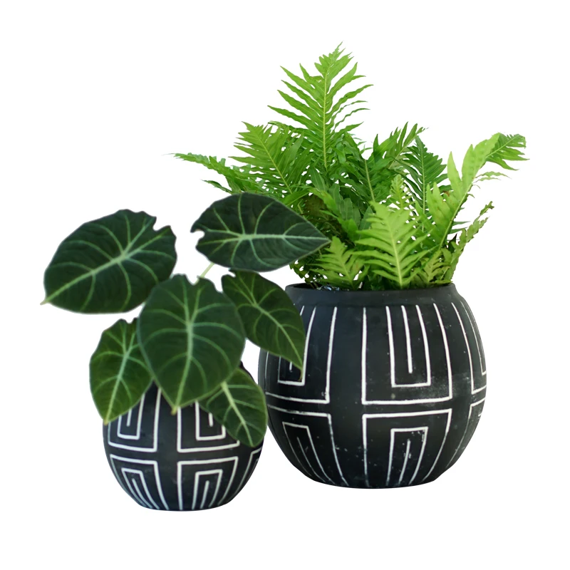 

Traditional design ball shape cement green plant pot with drain hole for home garden decor, Black