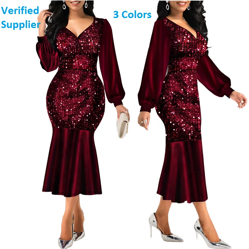 New Design V Neck Long Sleeve Shiny Sequin Dresses Women Party Dress High Waist Mid Length Mermaid Evening Dresses 2022