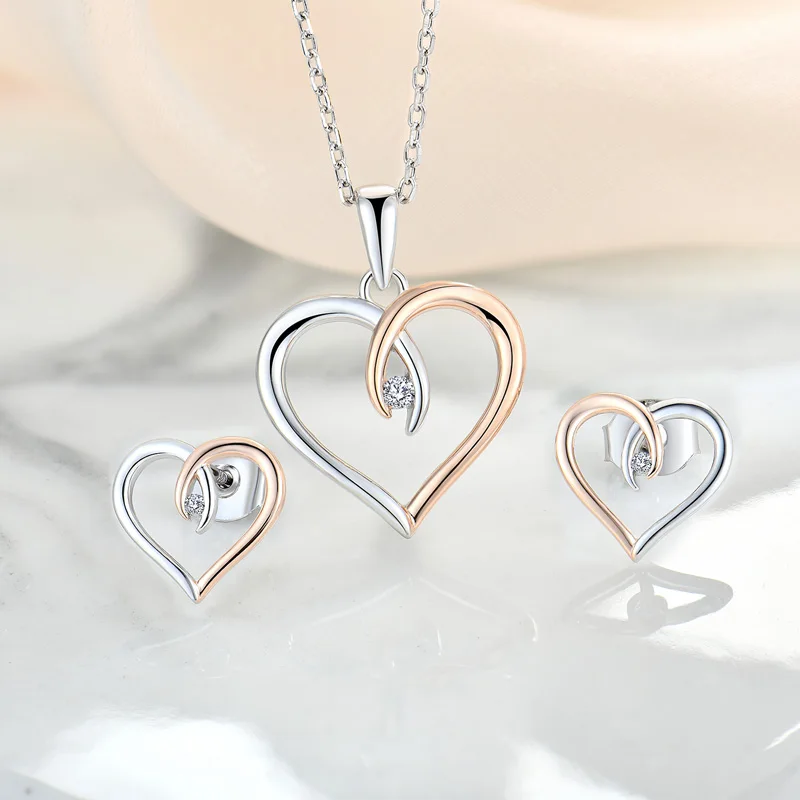 

925 Sterling silver earring necklace love heart two tone jewelry set dubai women wedding bridal jewelry set for women jewellery