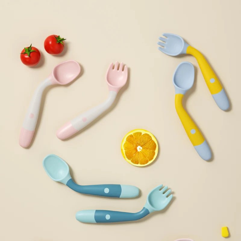 

Utensils Auxiliary Toddler Eat Training Bendable Soft Feeding Fork Baby Non toxic Silicone Spoon Set