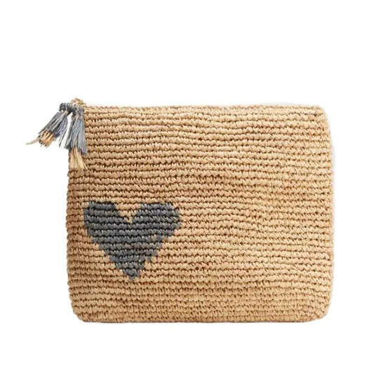 

Heart Printed Recycled Cheap Wholesale Cute Travel Raffia Makeup Lay Straw Jute Zipper Flat Cosmetic Bag, Customized color