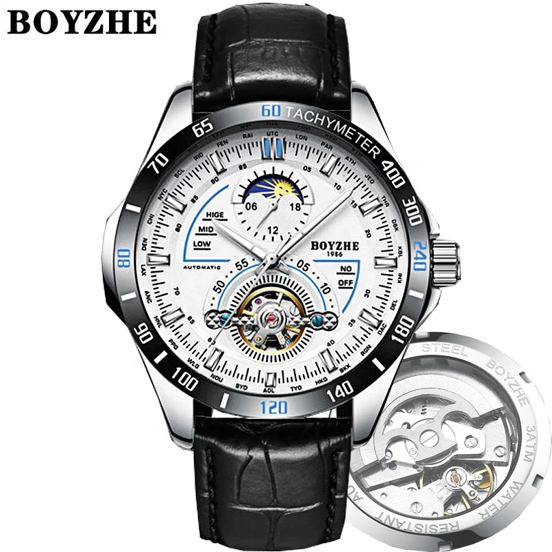 

BOYZHE Factory Brand Mechanical Watch Manufacturer Customized Custom LOGO Fashionable Men's Leather Mechanical Watch