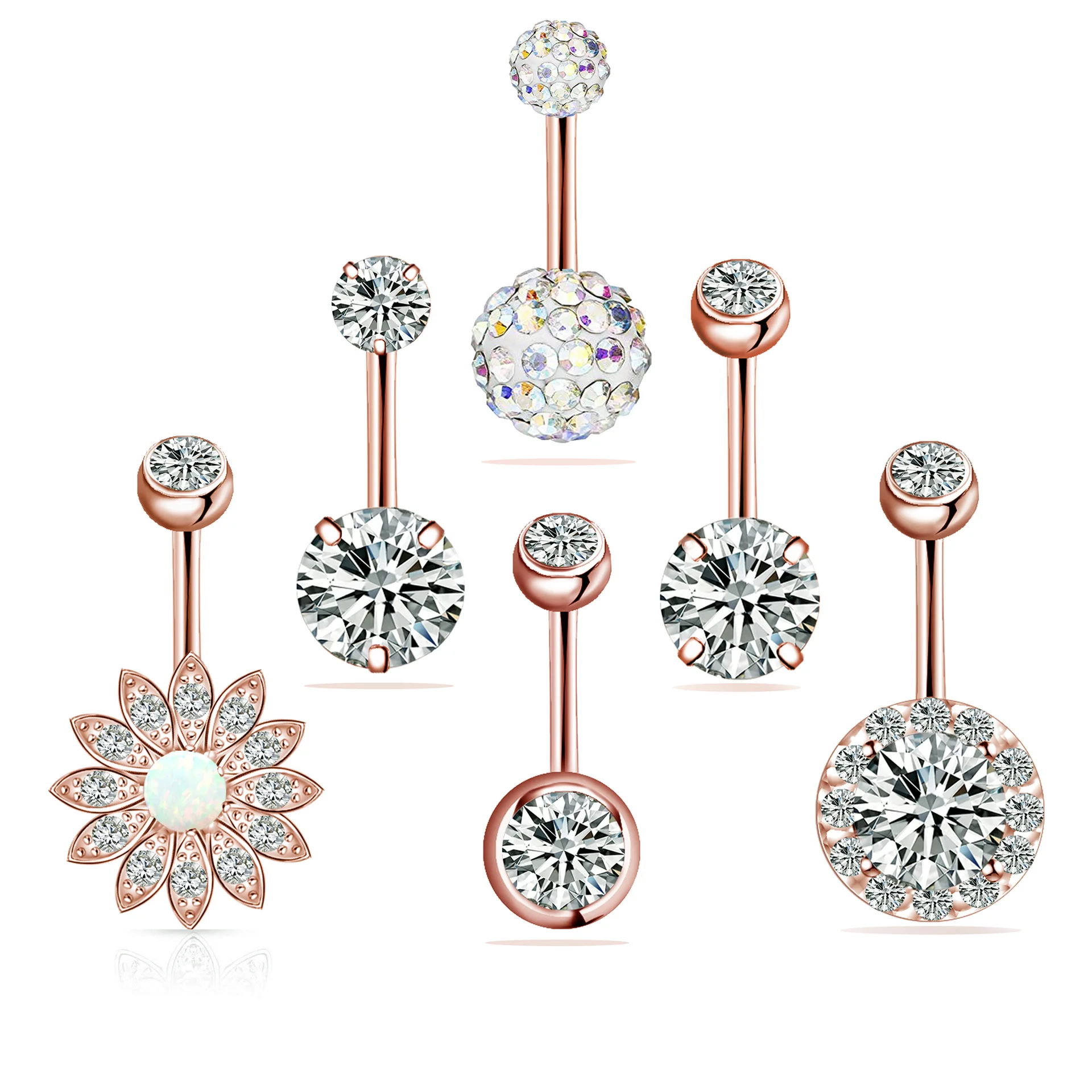 

6Pcs/set Opal Zircon Umbilical Nail Piercing Body Jewelry Belly Button Ring Set, Rose gold,steel