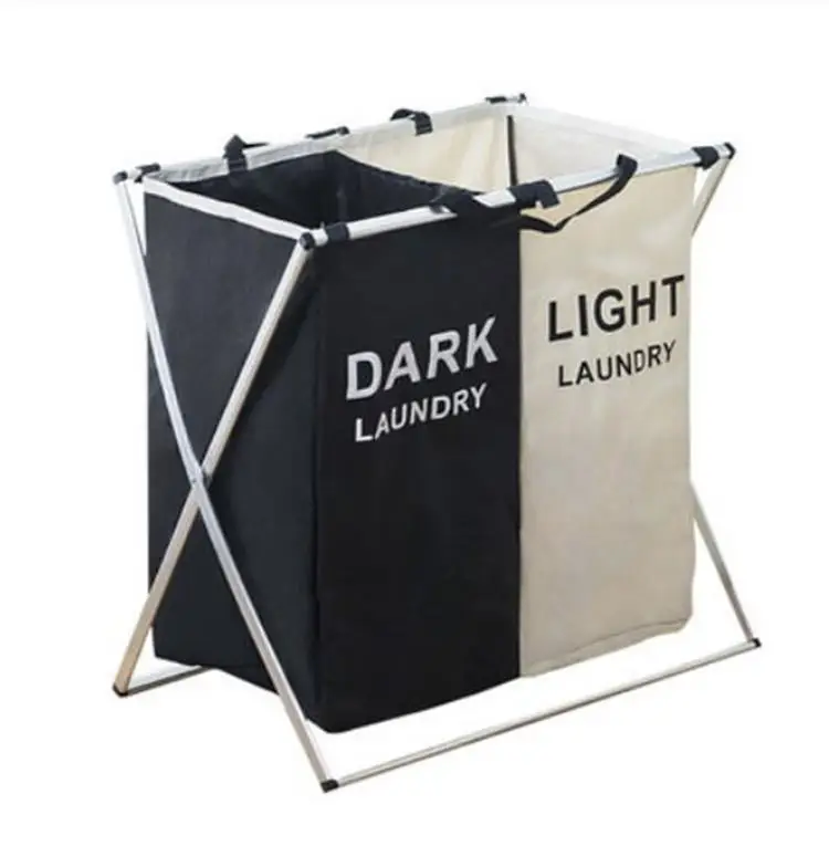 Double Sorter Lights Darks Clothes Storage Foldable Laundry Basket With Aluminum Alloy Handle Net Coverings Black And White