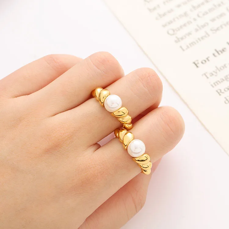 

18K PVD Plating Pearls Finger Rings Waterproof Jewelry Minimalist French Styles Stainless Steel Party for Woman Trendy Opp Bag