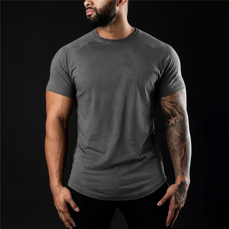 Fast Delivery New Arrival Casual Breathable Fitness Unisex Stretch Plain Curved Hem Gym Summer T Shirt for Men