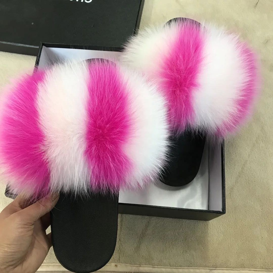 

Factory wholesale Real Fur Slides Slipper Women Outdoor Indoor Sanda Fox Fur Slides Children Fashion raccoon Fur Slides, Color matching or can be customized according to requirements