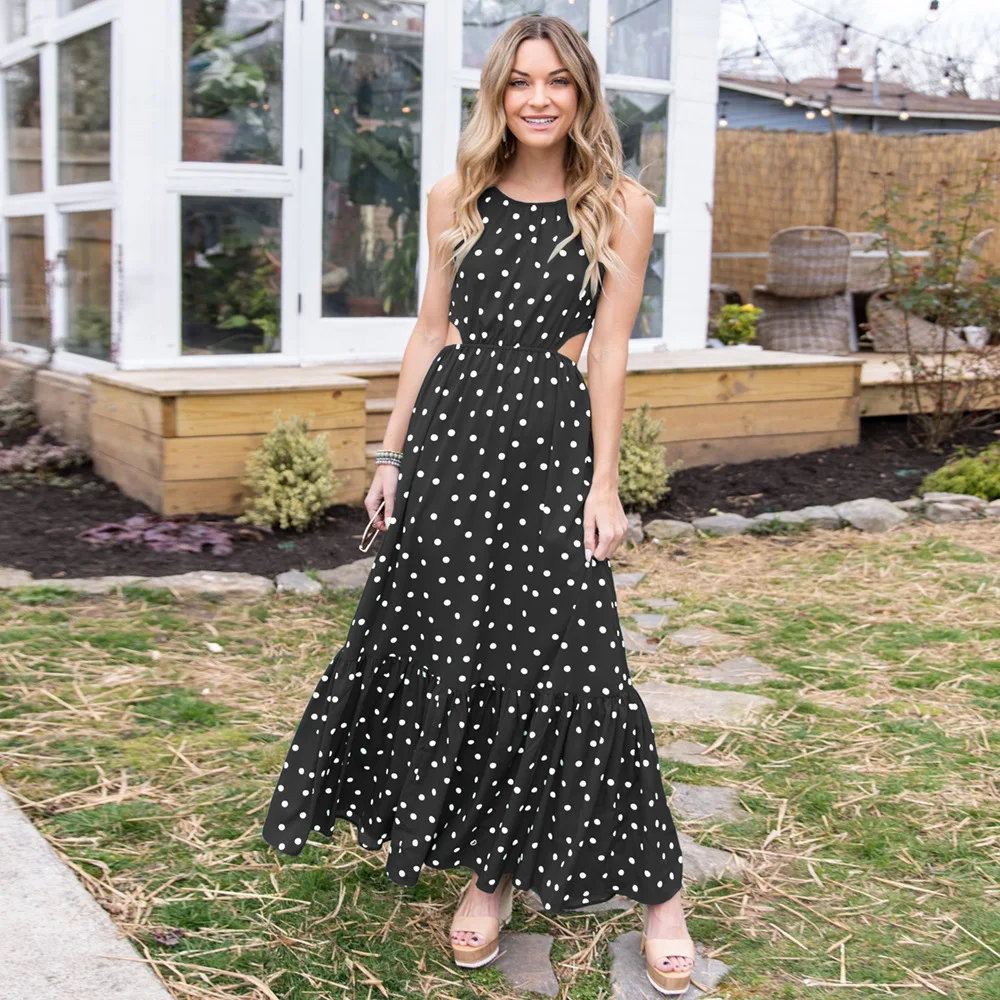 

Women Summer Casual Fancy Beach Vacation Bow Long Maxi Vintage Black Custom Halter Ruffle Cut Out Polka Dot Dress