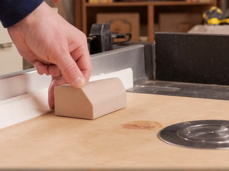 Woodworker using push block on DIY router table with dust collection
