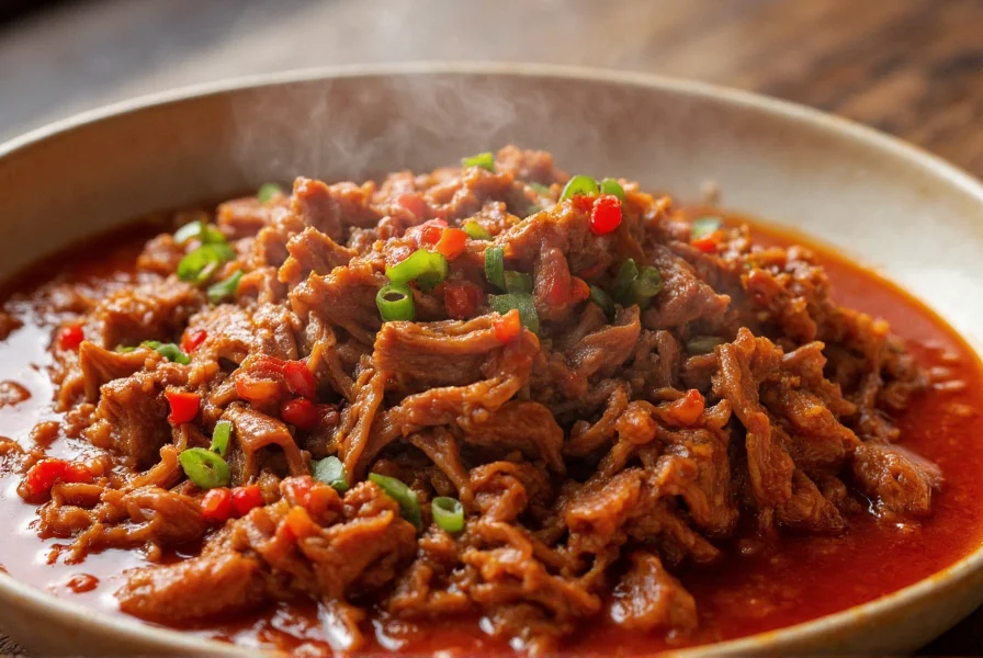 Close-up of shredded beef in rich red chili sauce with steam rising
