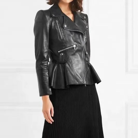 

2019 Hot Autumn Design Ladies Black Slim Fit Jacket Sexy Lady Coat Zip Up Genuine Sheepskin Short Leather Jacket Women, As photo or customized