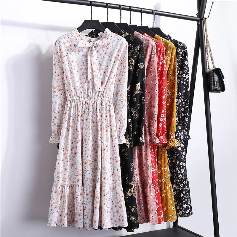 

Designer Spring Floral Printed Chiffon Long Sleeve Maxi Ladies Women Summer Midi Shirt Dresses For Girls, Customized color