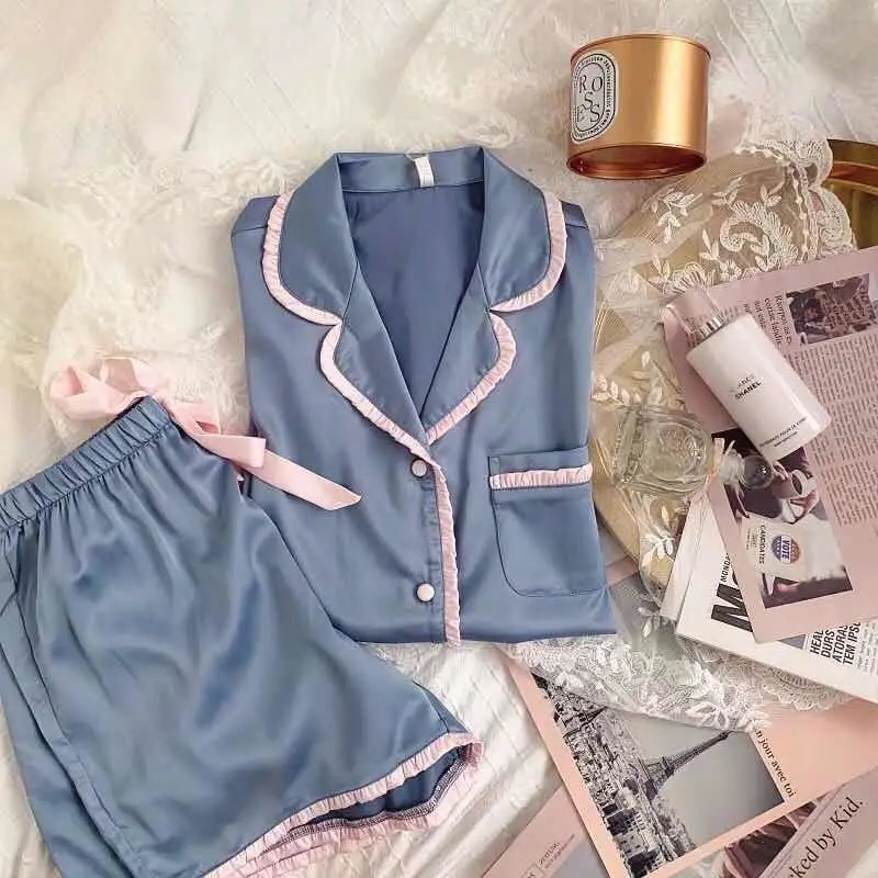 

Plus Size Sleepwear Pajamas Set Women Roomwear Women 5Xl Summer Satin Ruffled Turn-Down Collar Sleepwear 2 Piece Home Suit Women