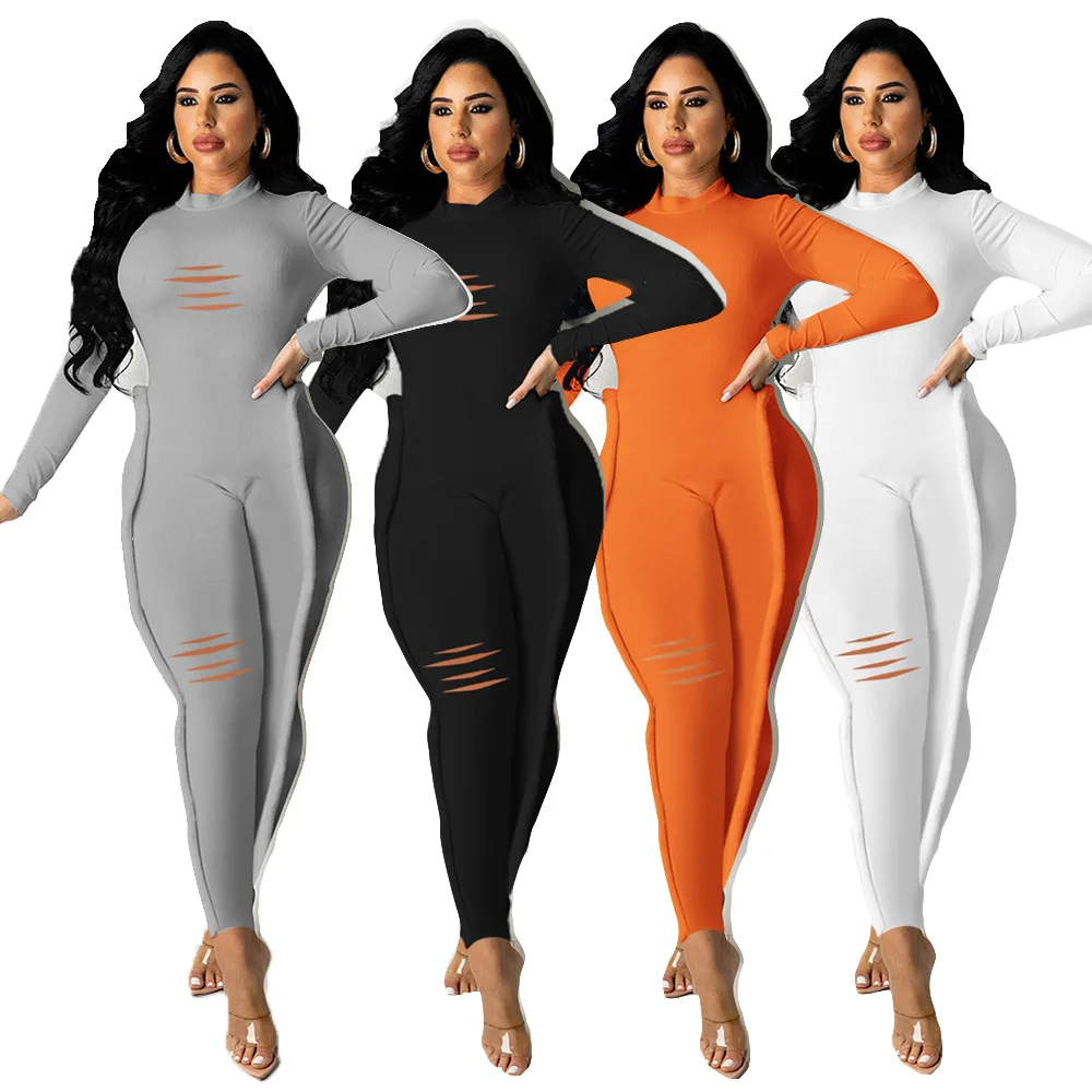 

SD-29132 New Ripped Elastic Tight-Fitting Roll-Up jumpsuit wom bodysuits, 4 colors