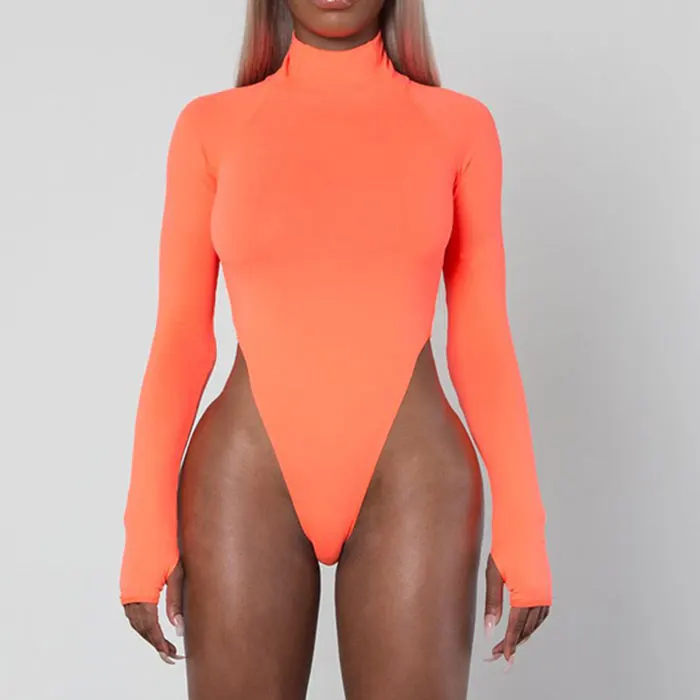 

Sexy Bodysuit Reflective Letter High Cut Long Sleeve Body Suits for Women Lime Green Neon Orange Clubwear Fall