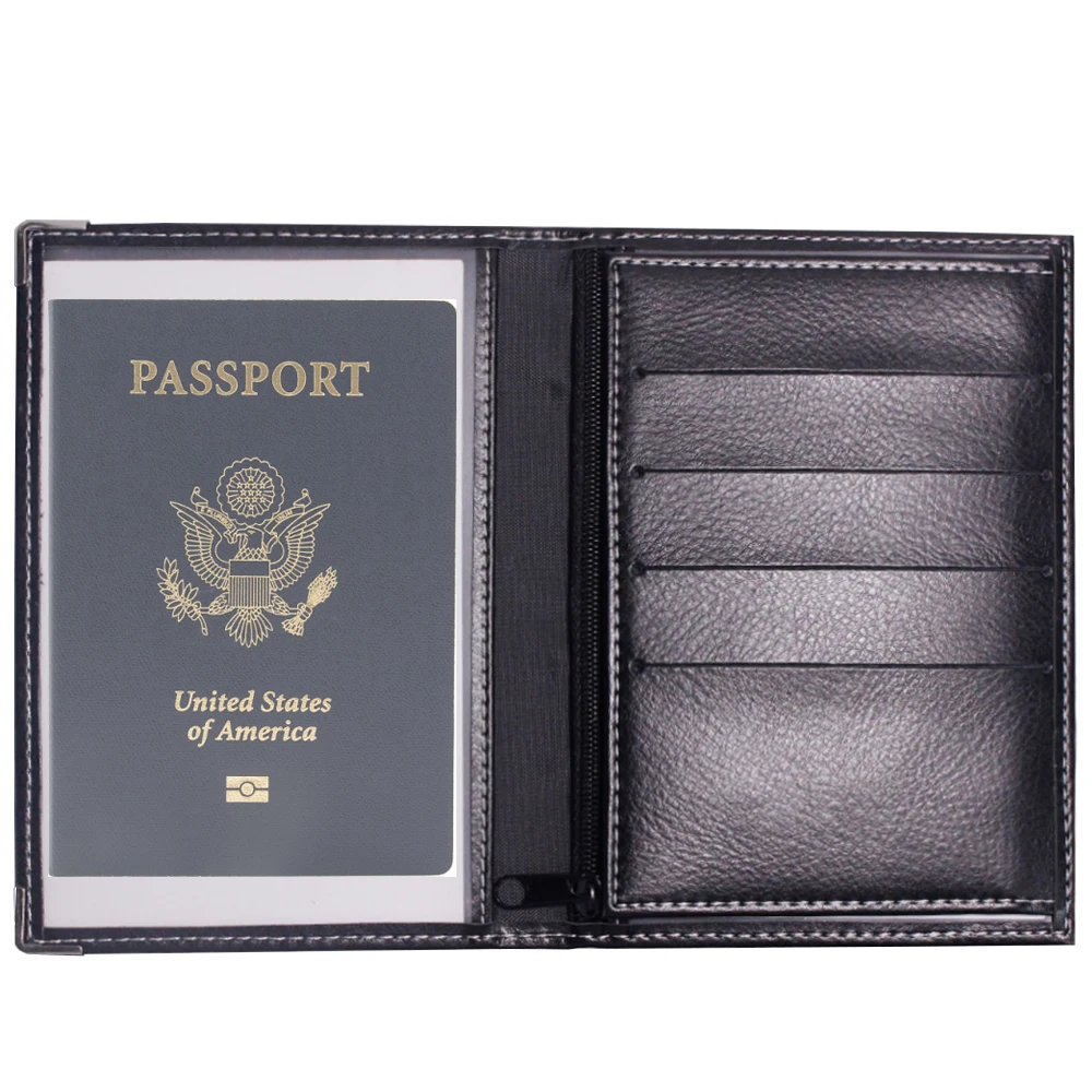Black USA Genuine Leather Passport Cover Travel Wallet Card Organizer 