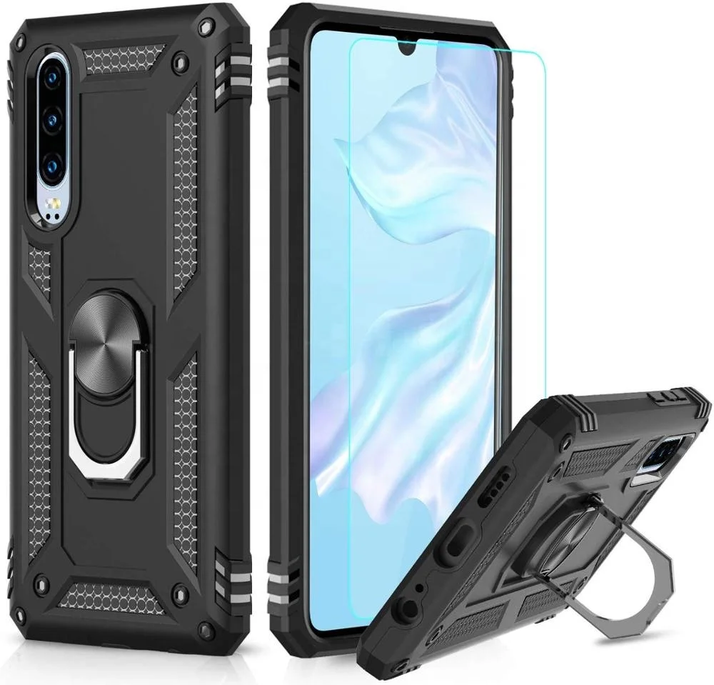 

LeYi Ring Holder Kickstand Shockproof Tough Armour Phone Case For Huawei P30 Case with HD Screen Protector