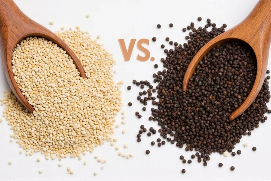 Close-up comparison of white and black peppercorns on wooden background
