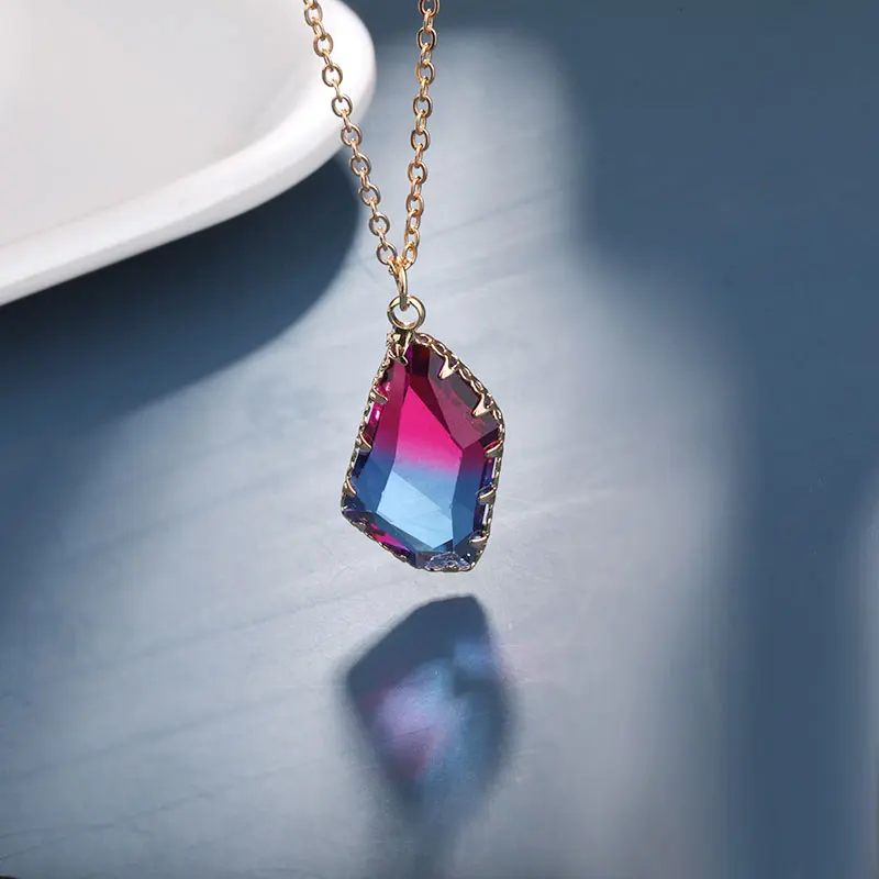 

Colorful Rhinestone Long Necklace Punk Geometry Oval Crystal Glass Pendant Necklace for Women Jewelry Gift