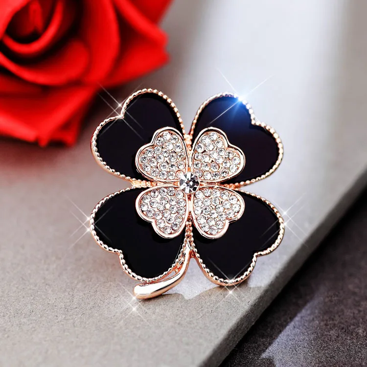 

Korean modern design cute sweet acrylic four leaf clover rhinestone floral alloy brooch