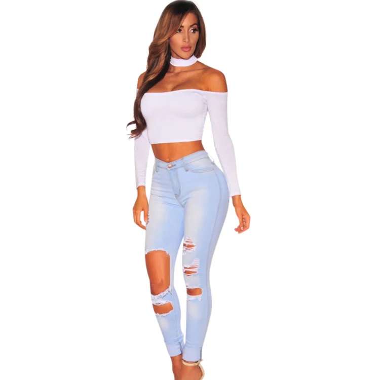 

New fashion lady Hole Big destroyed Tight Slim Wide Leg pants High waist elastic force Sexy girl Pencil pants Women jeans, Black