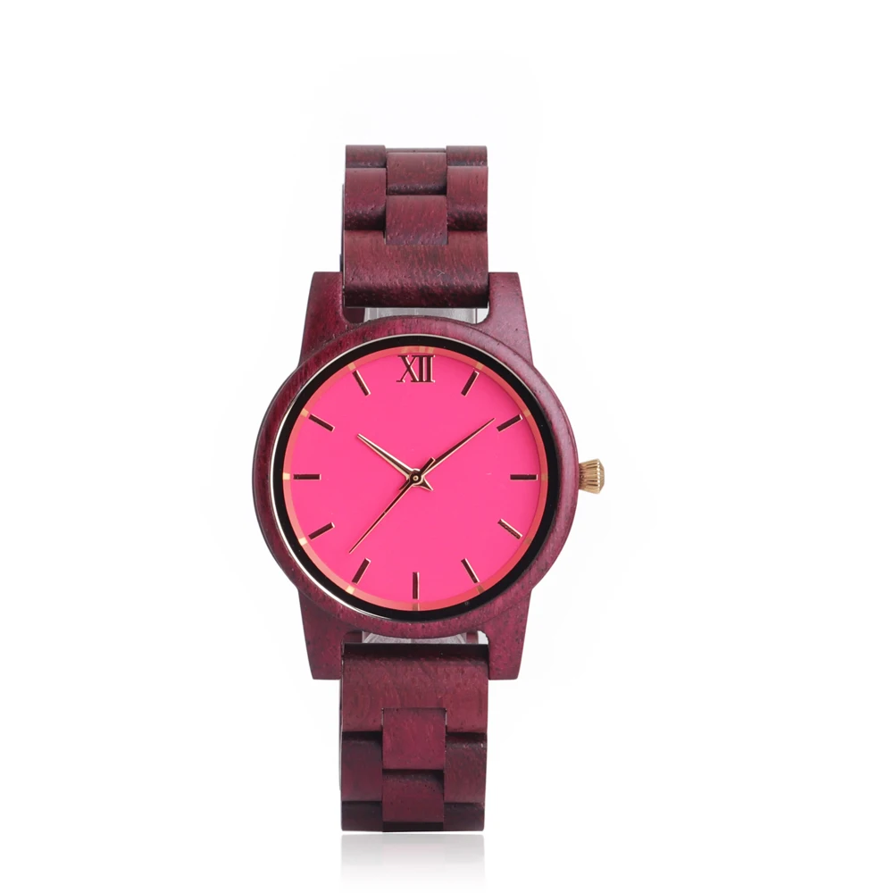 

red pink dial handcrafted wooden watch unisex men women