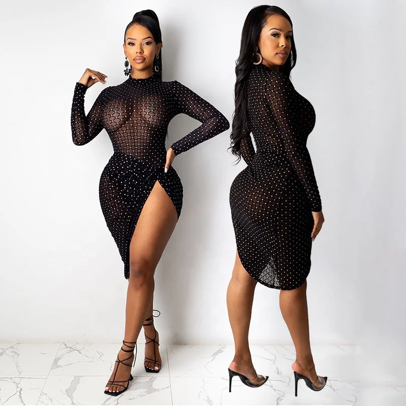 

Fashion Goth Black Elegant Women Sexy Bodycon Mesh Club Wear Y2k Sequin Dress