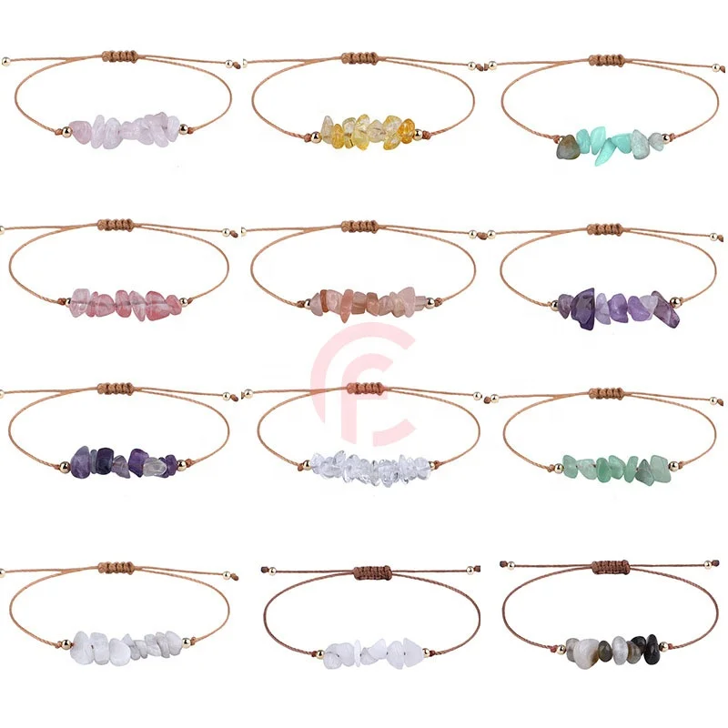 

Wholesale Bohemian Irregular gravel natural Raw stone woven adjustable crystal amethyst rose quartz bracelet anklets for women