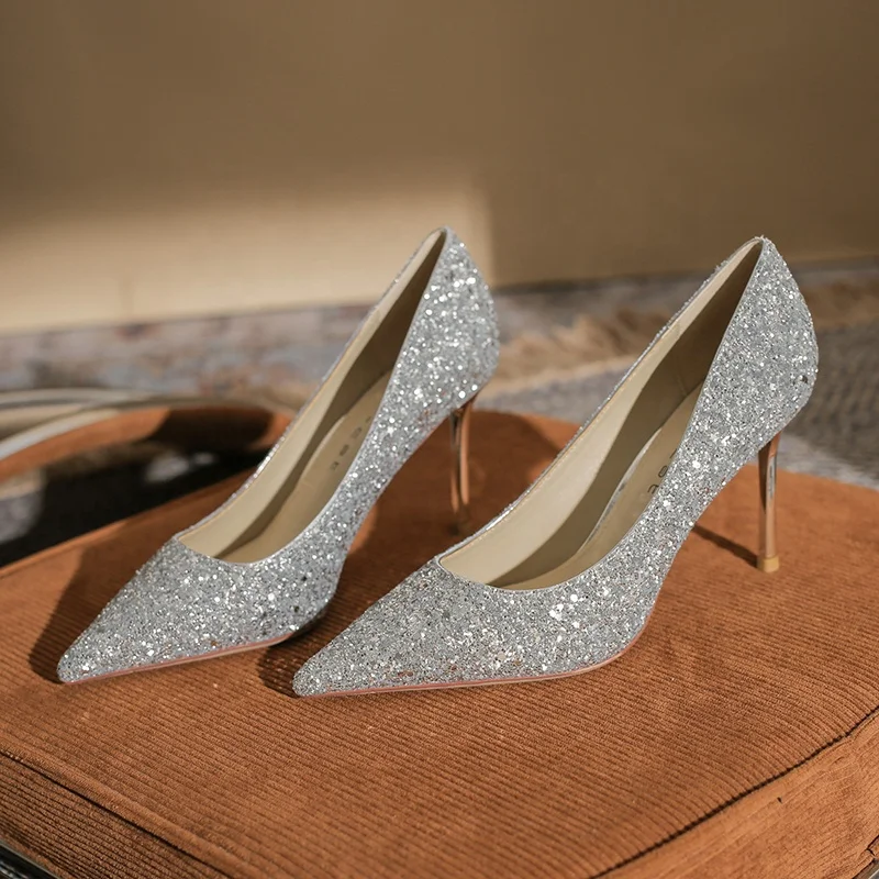 

2021 New Pingrit Sequins Ladies High Heels Women's Pointed Toe Fine Heels Silver Bridal Shoes dress shoes