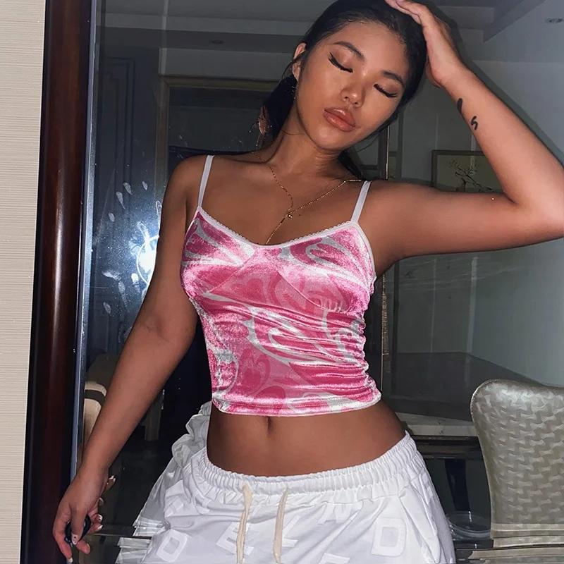 

Summer Crop Top Heart Printed Spaghetti Strap Collarless Backless Women Crop Top Sleeveless Skinny Outfits Sexy Tops Crop Women