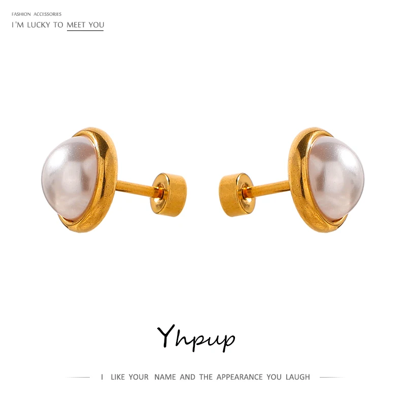 

JINYOU 1485 Imitation Pearls Screw-Back Stud Earrings 18K Gold Jewelry Stainless Steel Round Earrings