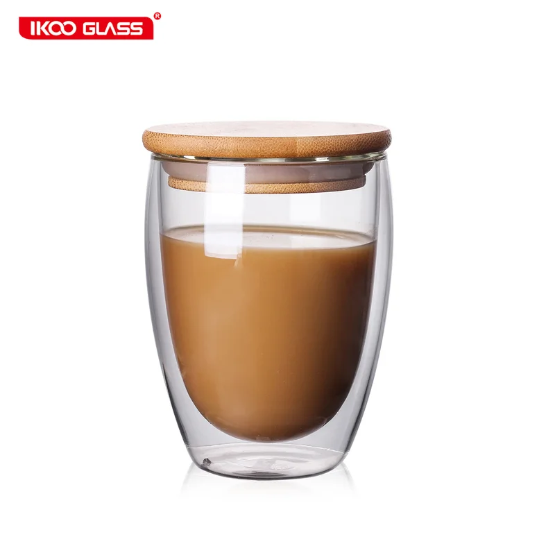 

Clear double wall coffee cups high borosilicate glass cup with bamboo lid