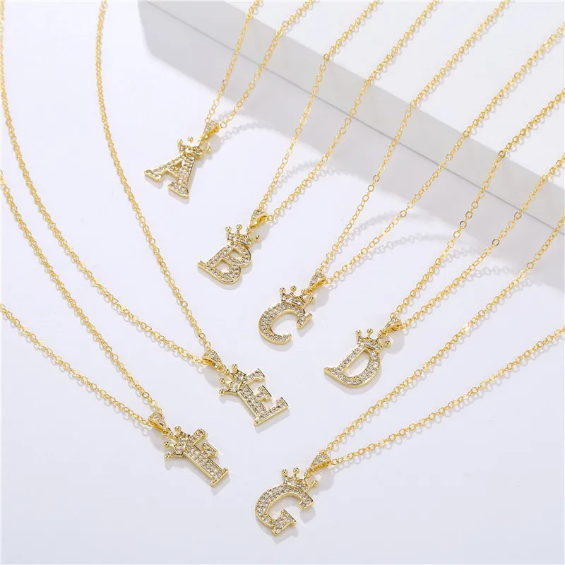 

New Trendy Diamond Crown 26 Letter Necklace Men And Women Pendant Necklace, Gold