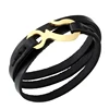 Men Style Newest Design Genuine Leather Fitness Bangle Gold Ip Plating Stainless Steel Fish Hook Cuff Wrap Bracelet