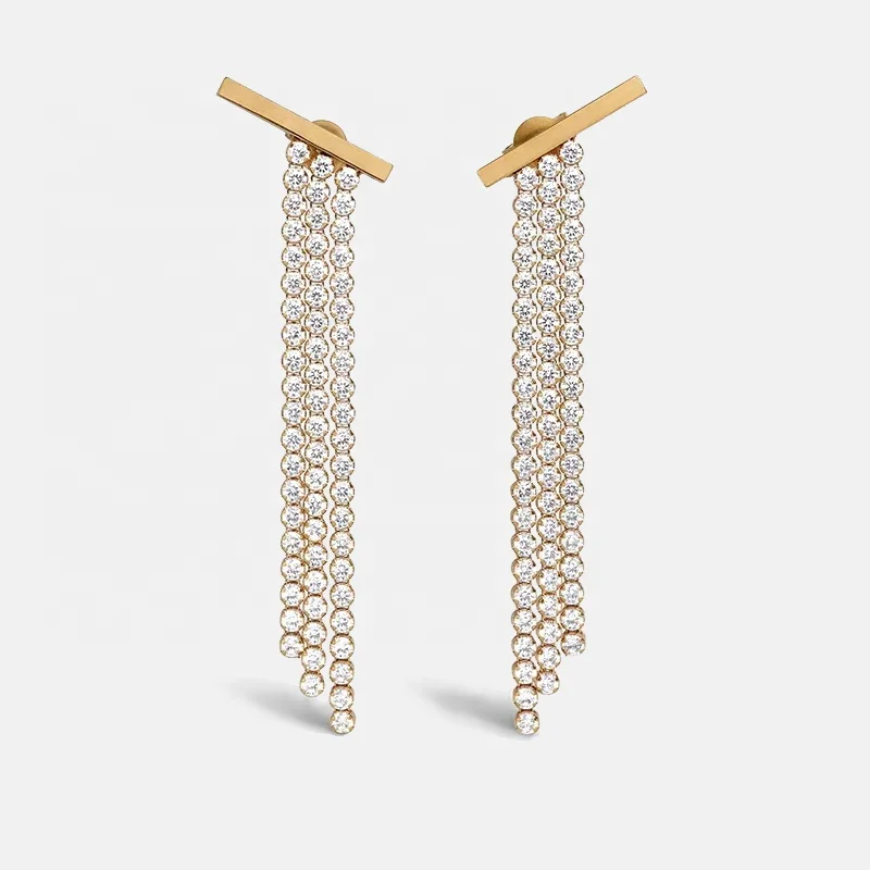 

Temperament Intellectual Niche Minimalist Gold Finish Brass And Crystal Long Tassel Full Zircon Earrings, Picture shows