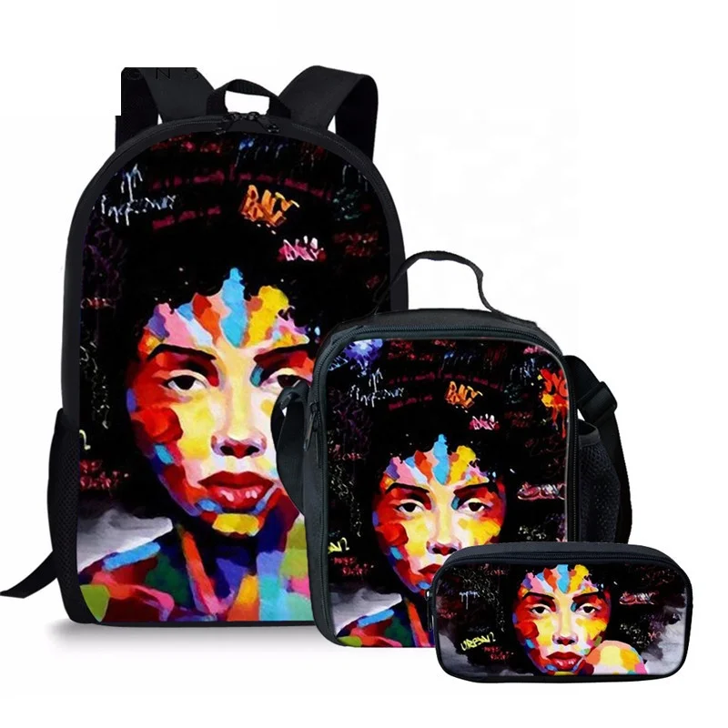 

New design oem 3pcs/set girls school bag custom 3D cartoon african print backpack
