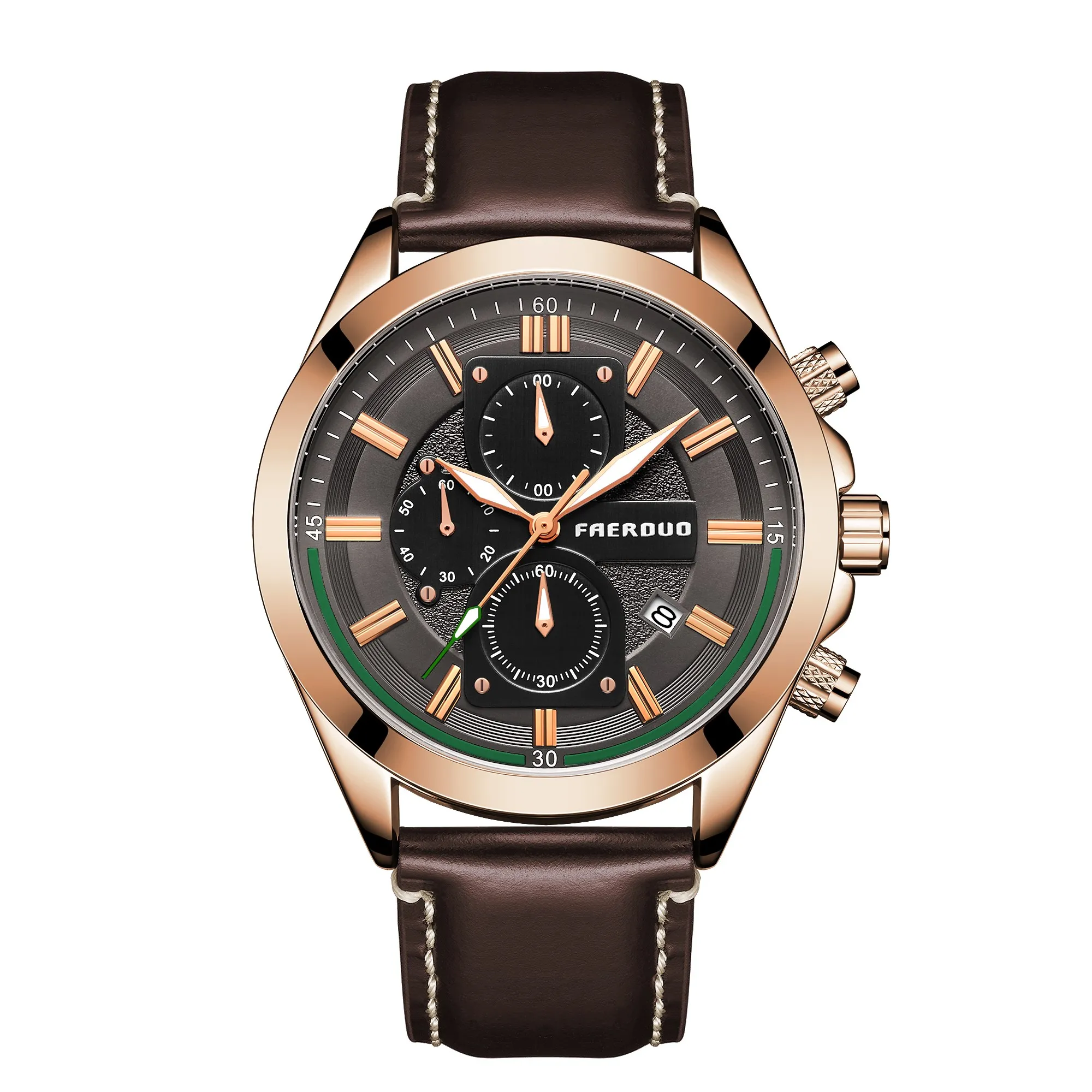 

2021 New Style Popular Multifunctional Waterproof Calendar Business Men Watch Multiple Display Leather Band Brown Reloj Pulsera, 4 colors