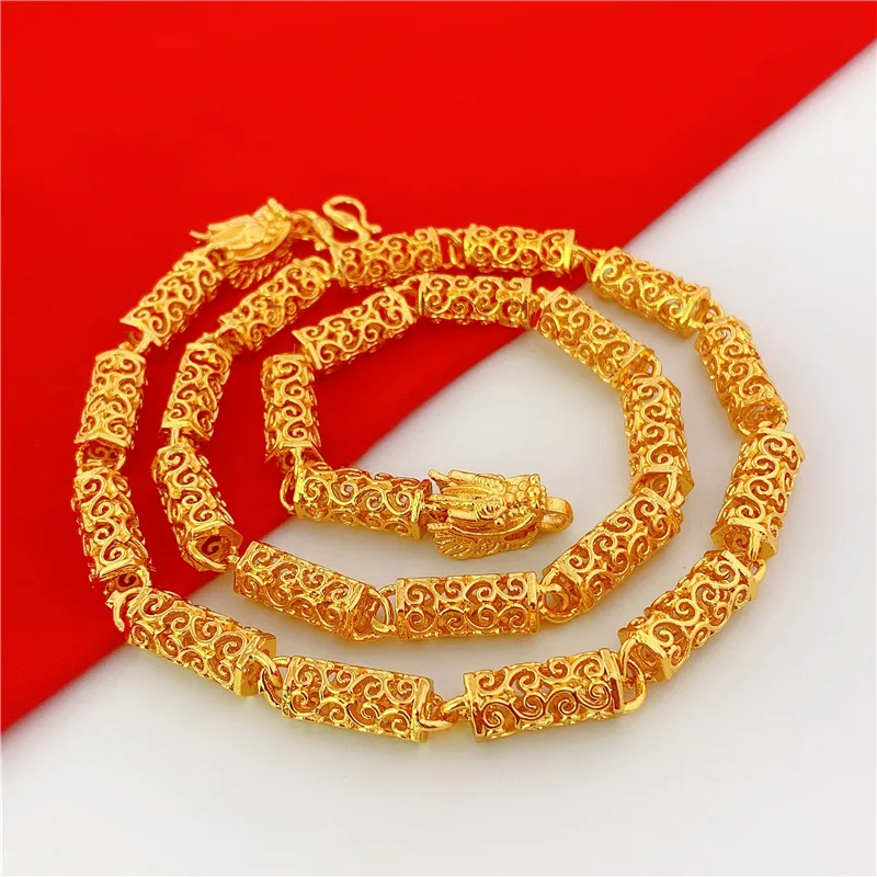 

Brass Gold Imitation Real Ornament Men's Chunky Necklace Alluvial Barrel Beads Dragon Head Gold-Plated Jewelry