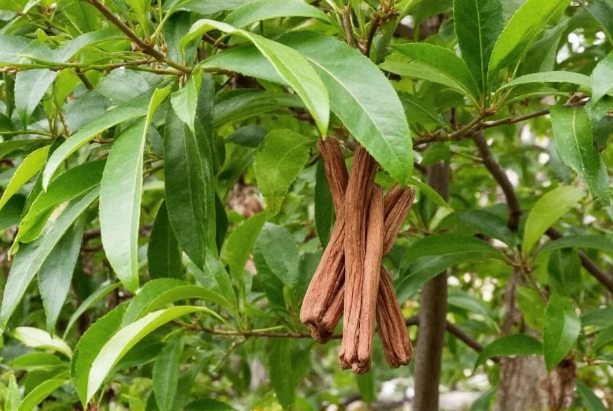 Mature cinnamon tree showing characteristic peeling bark and glossy leaves in tropical environment