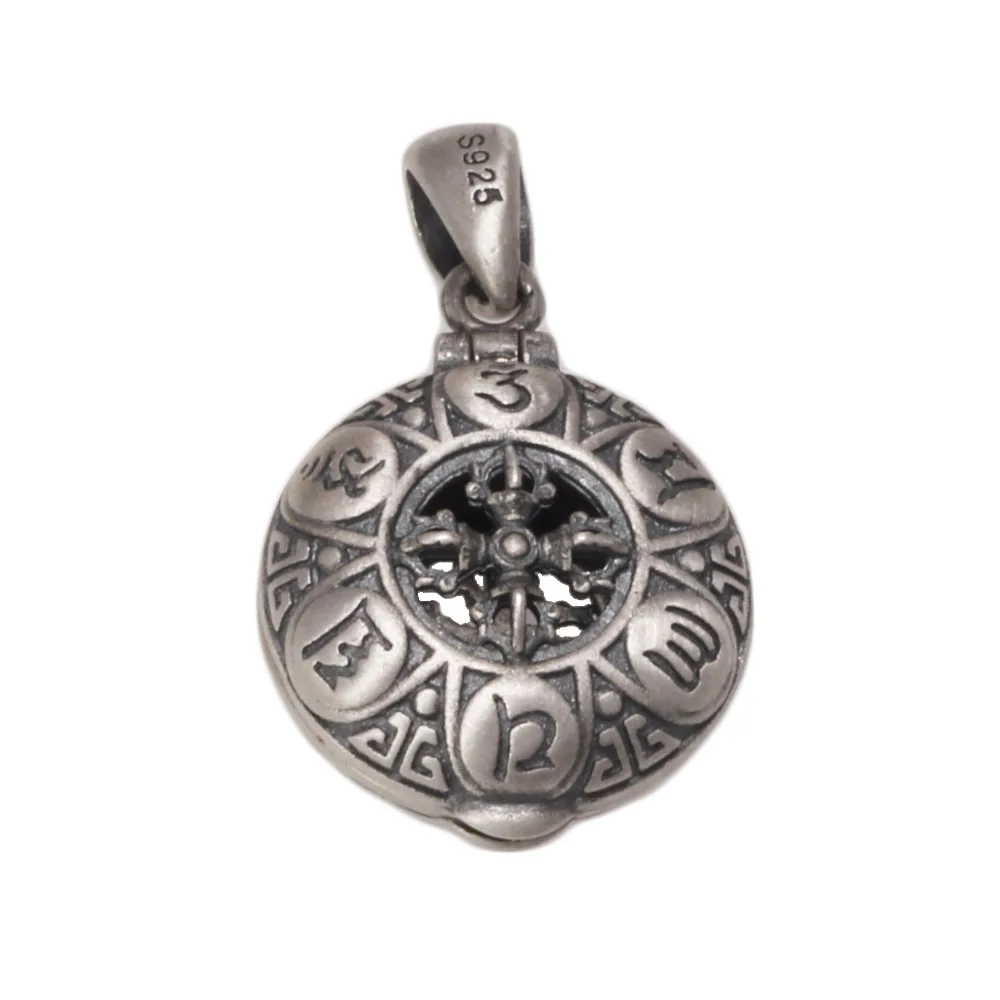 

Real 925 Sterling Silver Six True Words Vajra Mantra Pendant Necklace Openable Round Shape Buddhist Jewelry