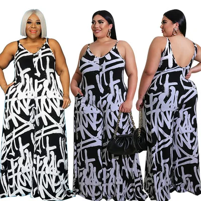 

J&H XL to 5XL Strap Irregular Graffiti Plus Size wide bodysuits 1 piece jumpsuit women
