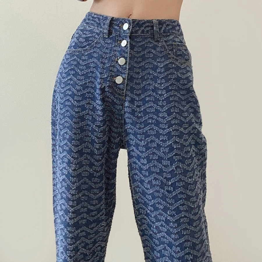 

Nibber K20P09887 2021 New Spring Wave Pattern Fashion Cotton Ripped Side Split Loose Jeans Women Denim Fabric Women's Trousers