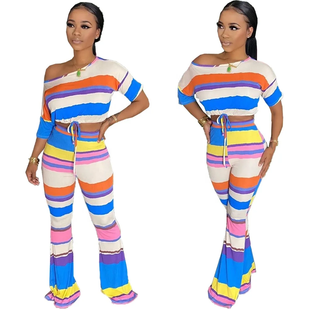 

MT54-8506 2020 summer arrivals stripe crop top + wide leg pants sports two piece tracksuit outfit 2 piece clothing set