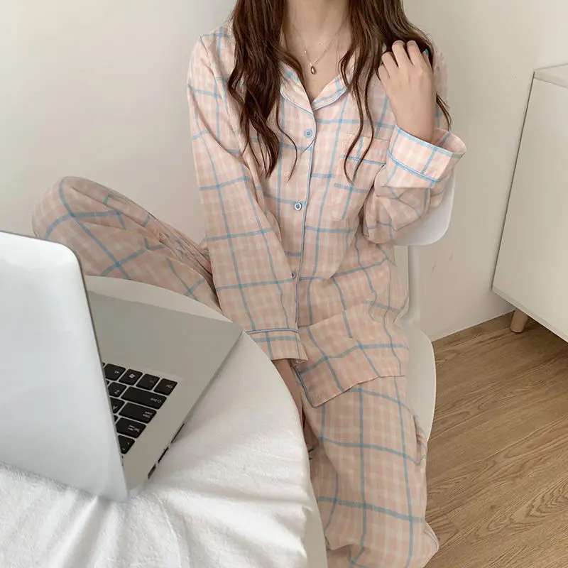 

women winter wear Cute Grid Pajamas Set Korean Winter New Long Sleeve Leisure Sleepwear Women Loose Nightwear Homewear Suit