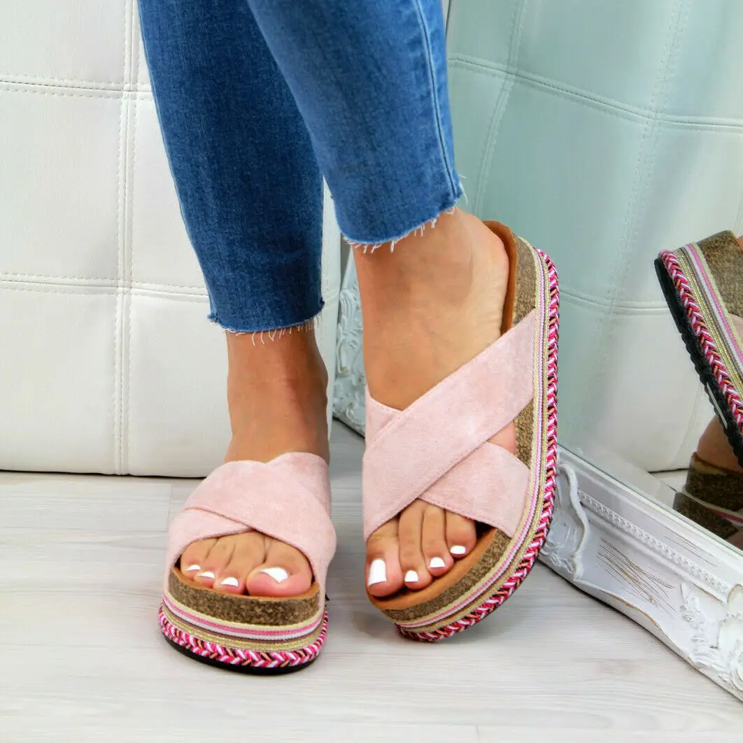 

Women High Platform Flat Slippers Cross Band Cheetah Print Female Sandals
