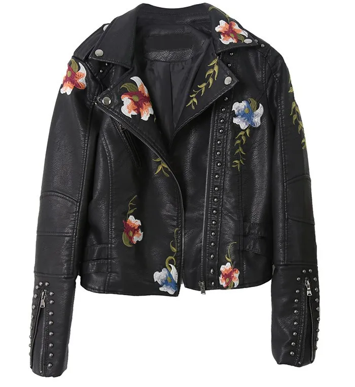 S-XXL Spring Temperament Embroidered Rivet Women's PU Heavy Metal Fashion Leather Clothes Women's Short Jacket