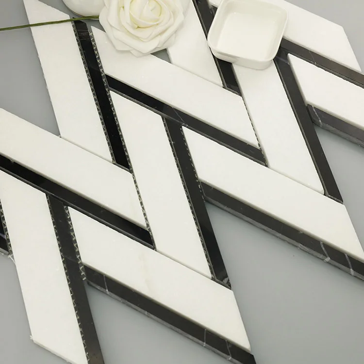 Elegance Thassos White + Nero Margiua Herringbone Mixed Marble Mosaic Floor