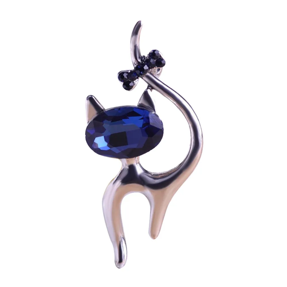 Blucome Cute Cat Animal Collar Clip Crystal Brooches Hijab Pins Gun Black Plated Brooches Women