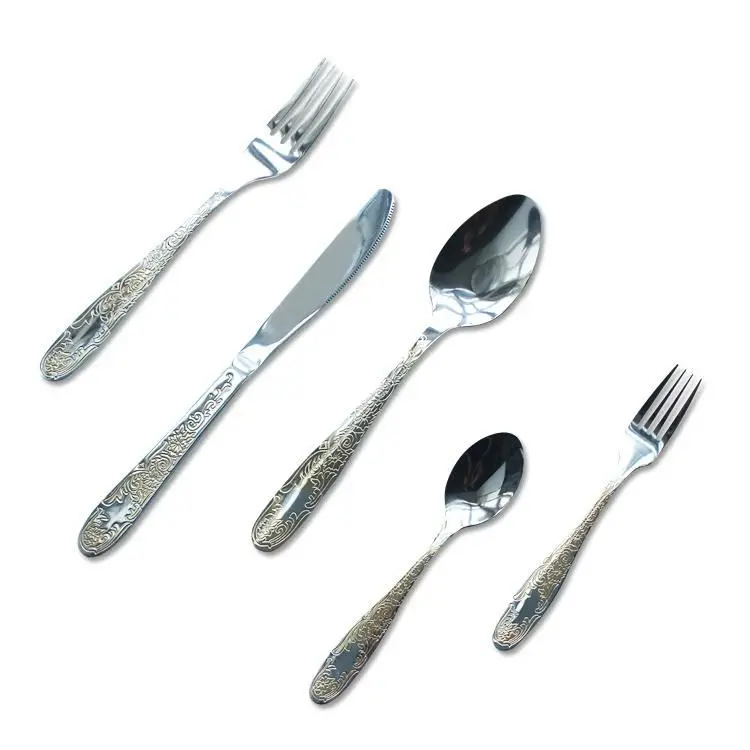 

Cathylin 5pcs Enamel Flatware 18/10 Stainless Steel Sliver and Gold Plated Cutlery Set For Hotel Restaurant